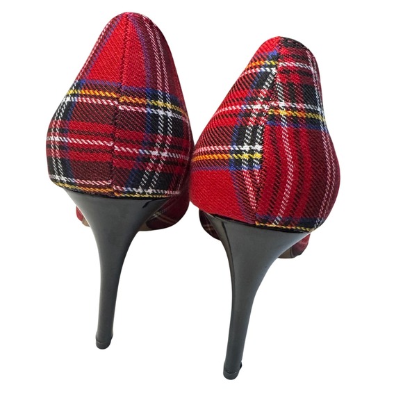 Betsey Johnson Heel 9 Christmas Red Plaid Bow Stiletto Pointed Toe Pumps Holiday - Picture 7 of 10